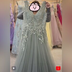 Sage Green Tulle Ball Gown with Lace Appliqué